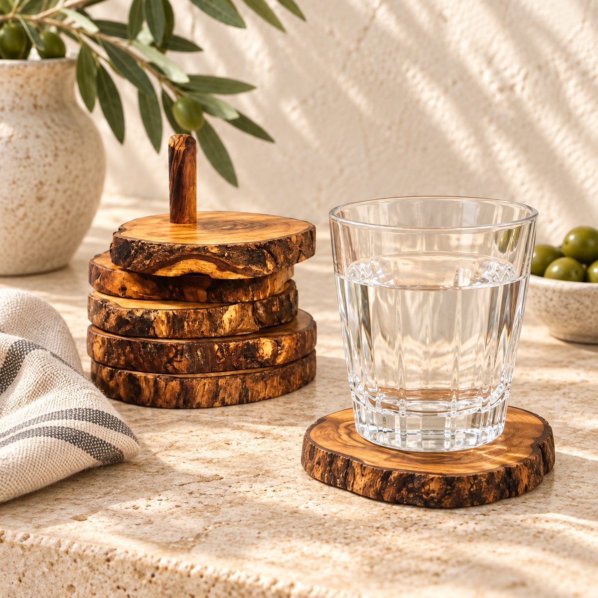 Olive Wood Coaster Set with Holder