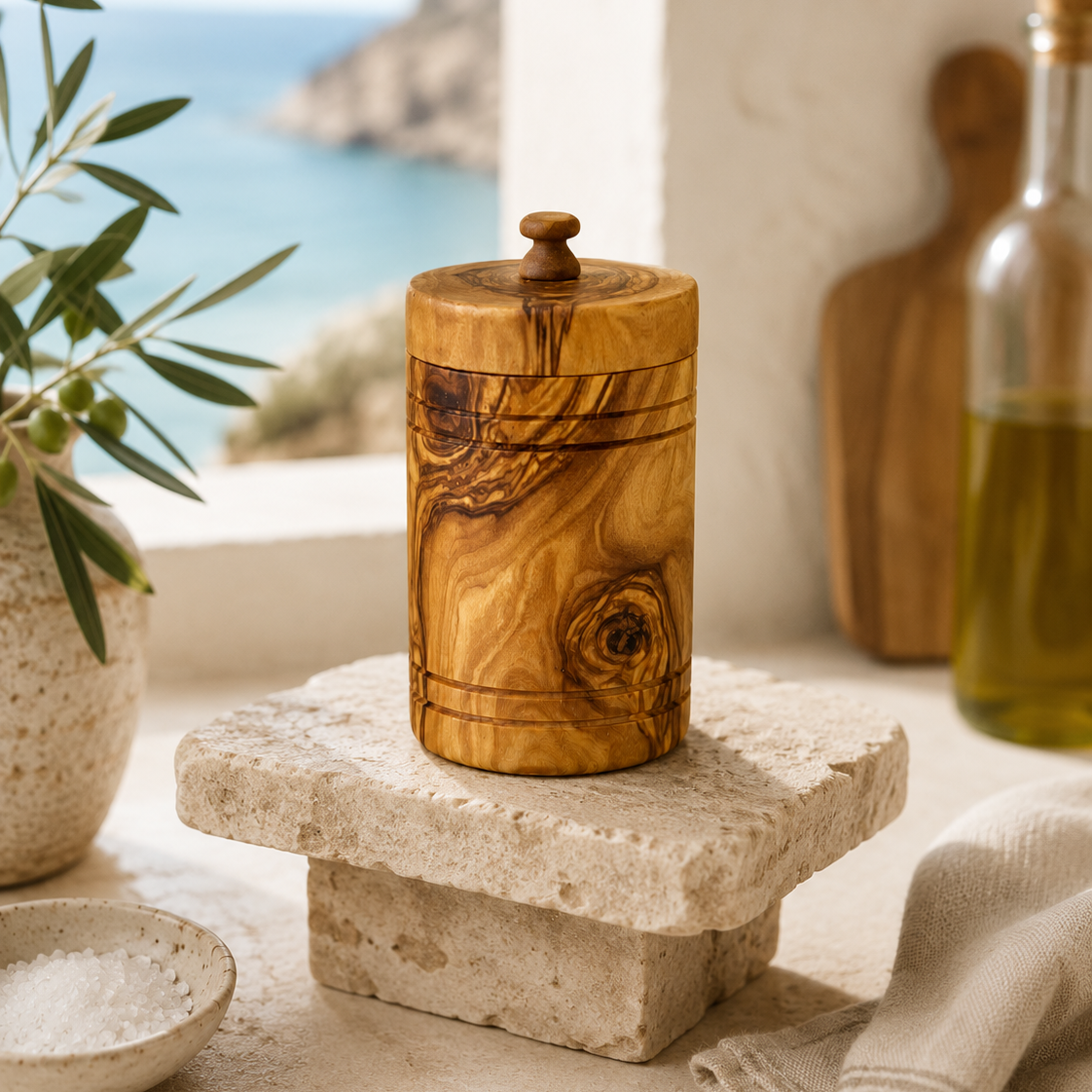 Olive Wood Spice Jar Salt Keeper w/Lid