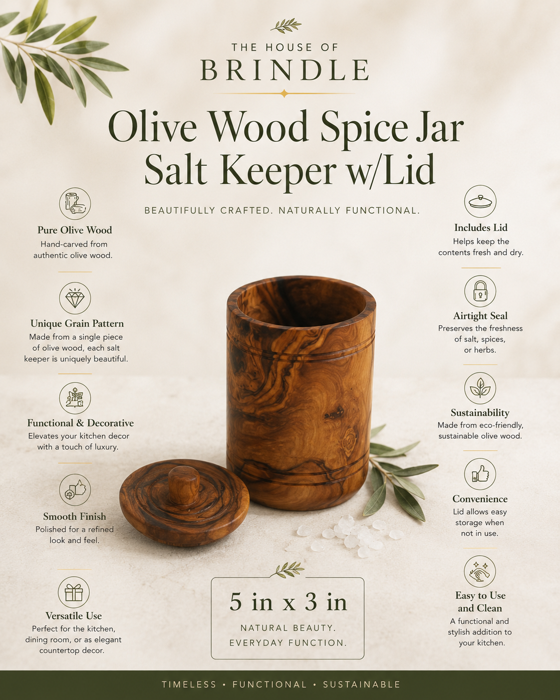 Olive Wood Spice Jar Salt Keeper w/Lid