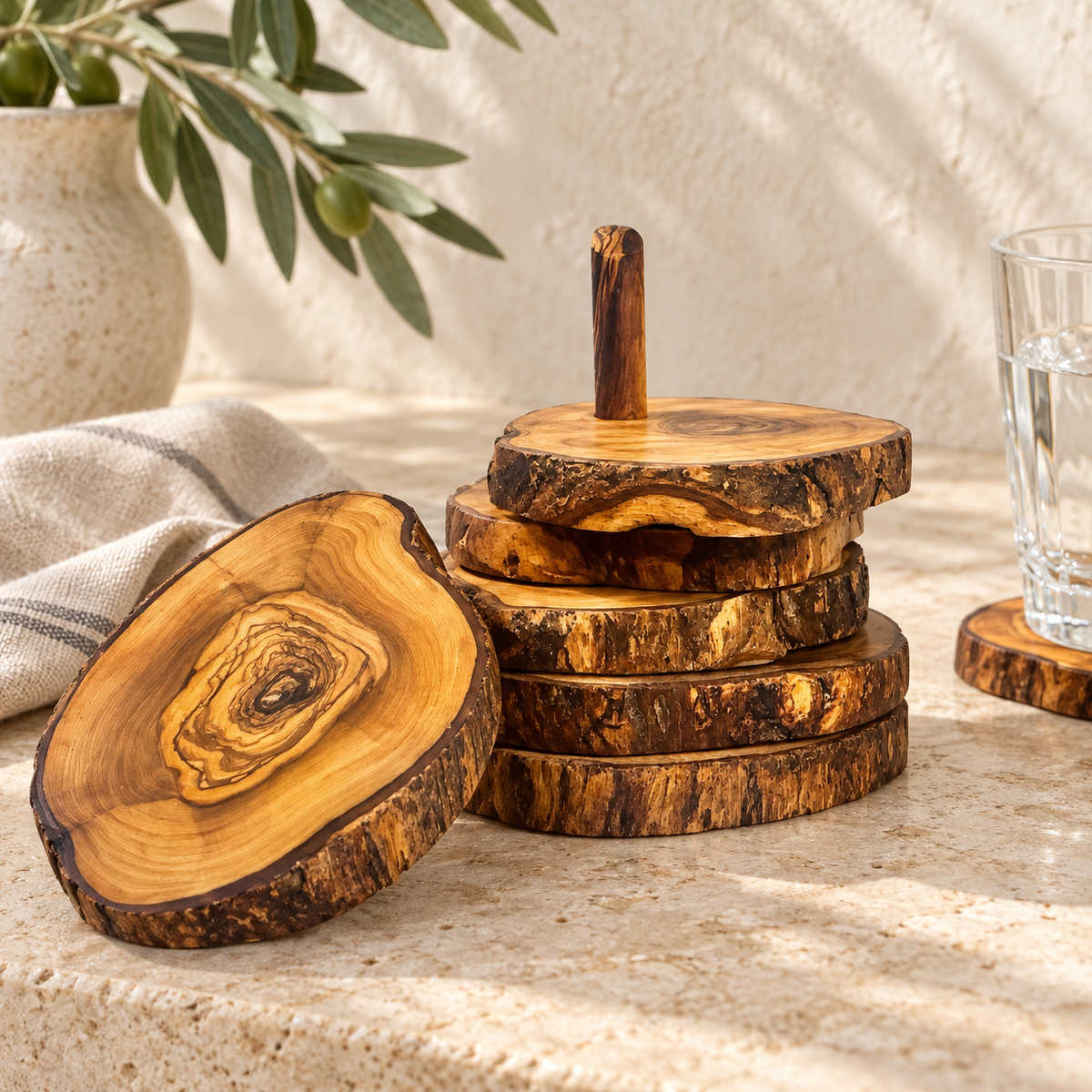 Olive Wood Coaster Set with Holder