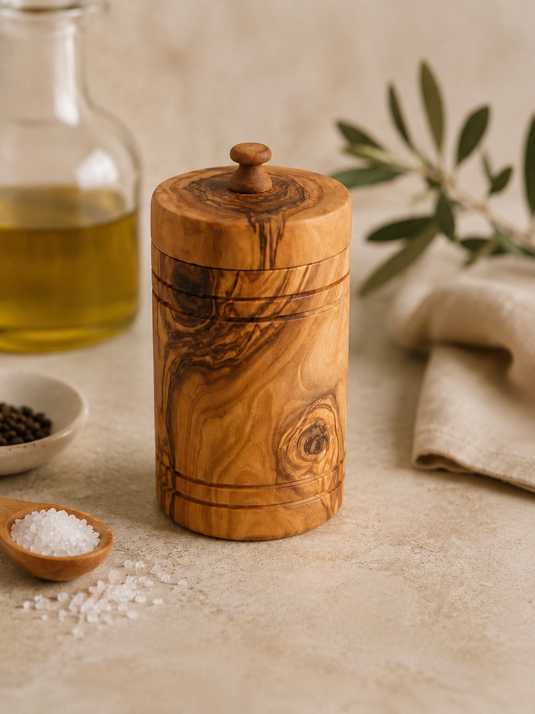 Olive Wood Spice Jar Salt Keeper w/Lid