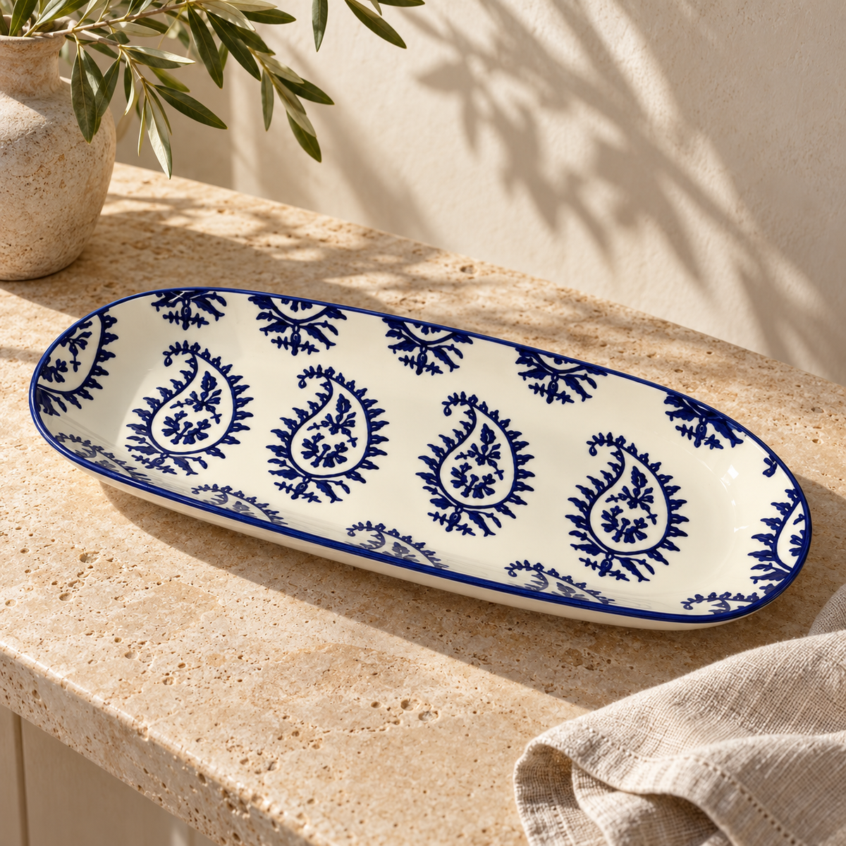 Indigo Paisley Oval Ceramic Tray