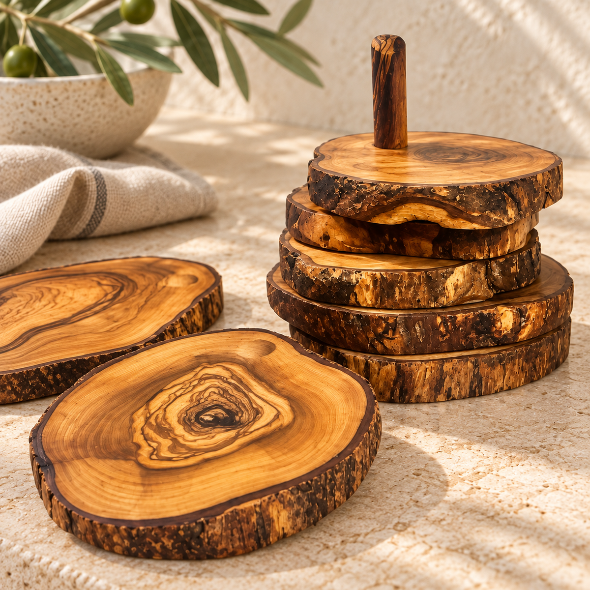 Riva Olive Wood Coaster Set with Holder
