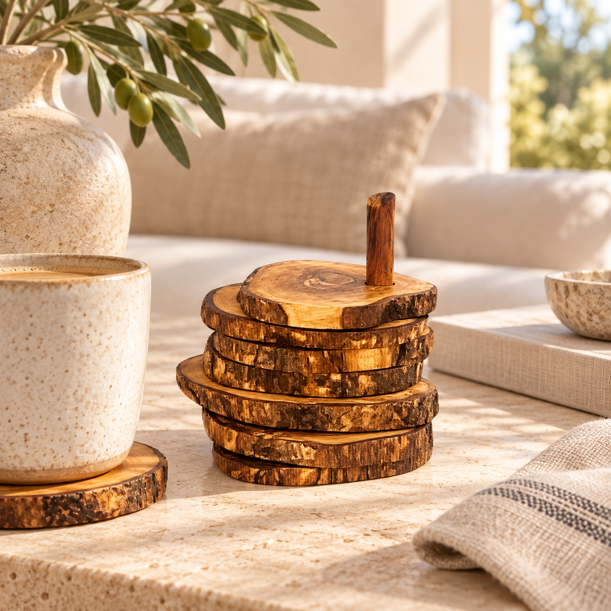 Olive Wood Coaster Set with Holder