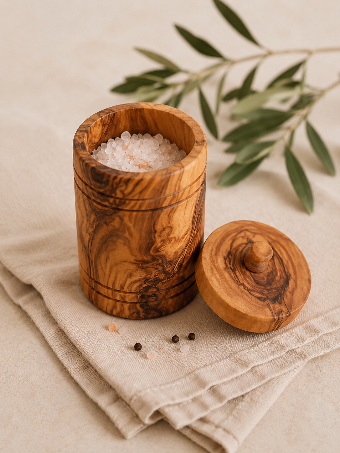 Olive Wood Spice Jar Salt Keeper w/Lid