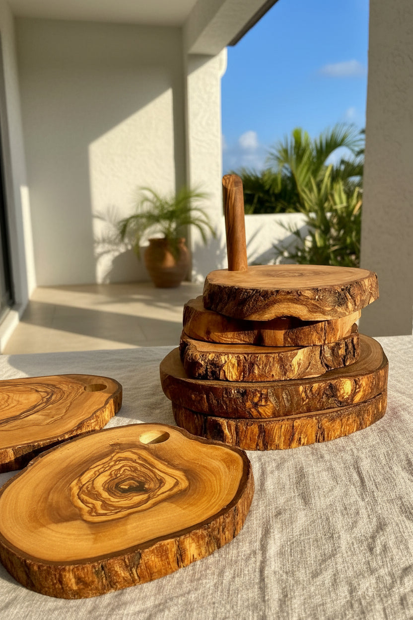 Olive Wood Coaster Set with Holder
